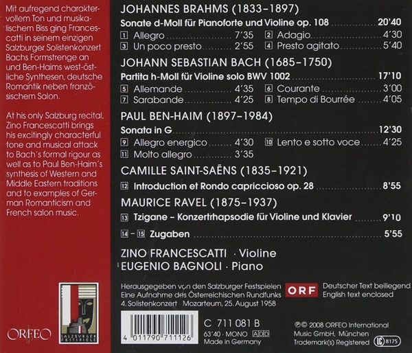 Sonate op.108, Partita BWV 1002, Sonata In G, Tzigan 1