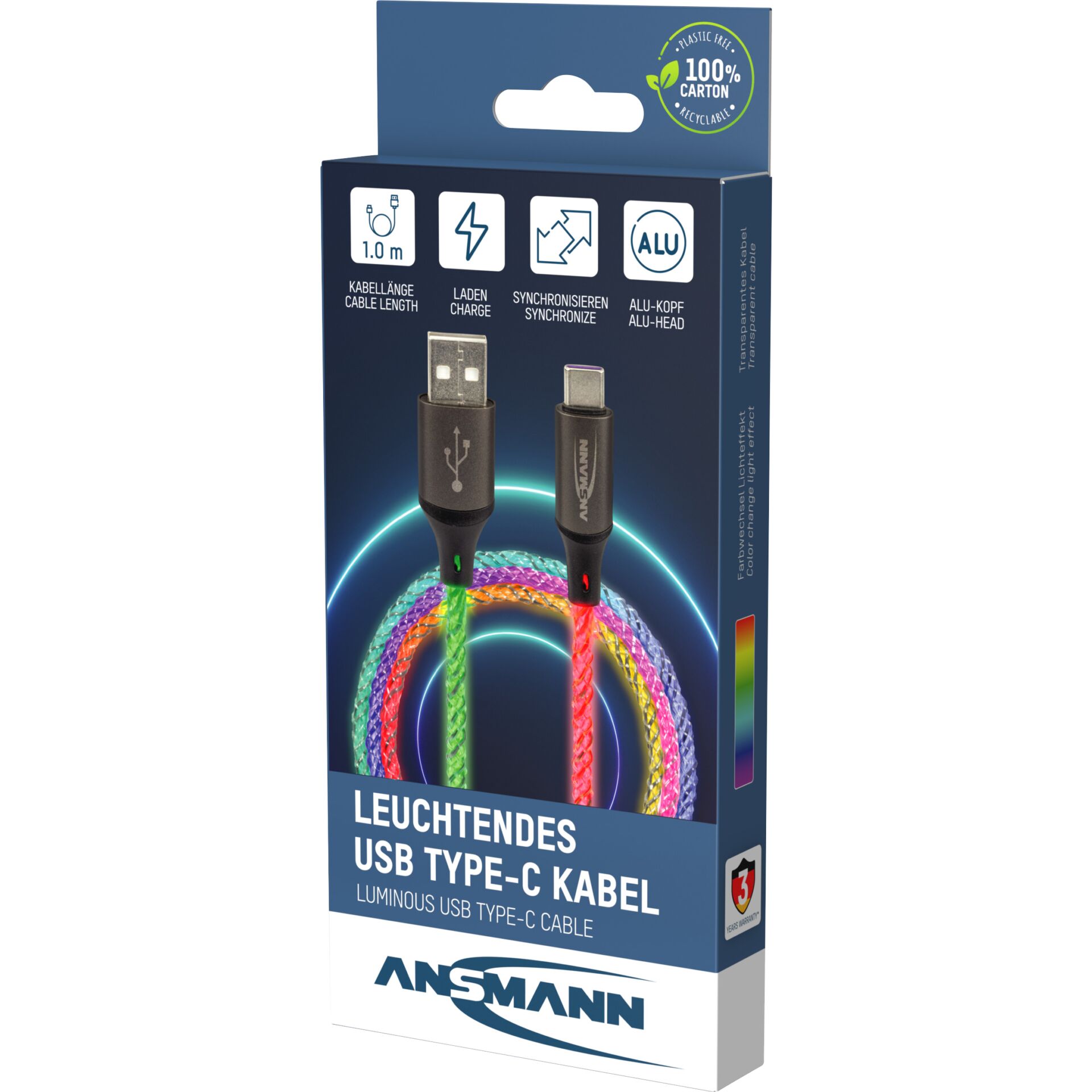 Ansmann -USB-A / USB-C Kabel mit LED Beleuchtung 100cm 1700-0158
