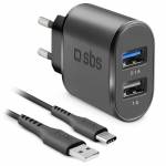 Sbs - Reiselader 10W 2x USB-A 1A/2,1A + USB-C Kabel wei