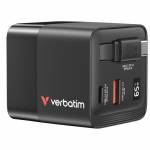 Verbatim - GaN-Ladegert 65W, 1x USB-A , 2x USB-C, ausziehbares Kabel