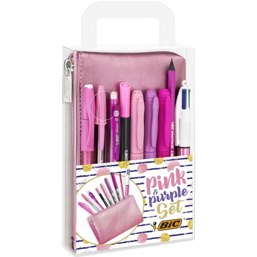 Bic Pink & Purple Set - 1 Pencil Case 2 Ball Pens/1 Erasable Gel Pen/1 Graphite Pencil with Eraser/1 Writing Felt Pen/3 Permanent Markers/1 Mechan