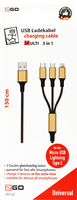 2go - 3in1 USB Ladekabel Micro-USB,Apple,TypeC Nylon 1,5m gold