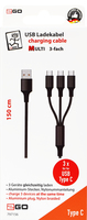 2go 3 In 1 Usb Ladekabel -Schwarz -150cm F�r Usb Type - 3in1 USB Ladekabel USB Type-C Nylon 1,5m schwarz